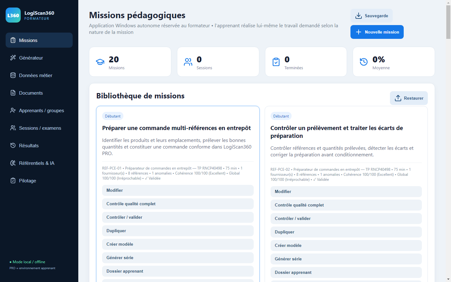 Bibliothèque de missions LogiScan360 Formateur, avec objectifs, niveaux et actions pédagogiques
