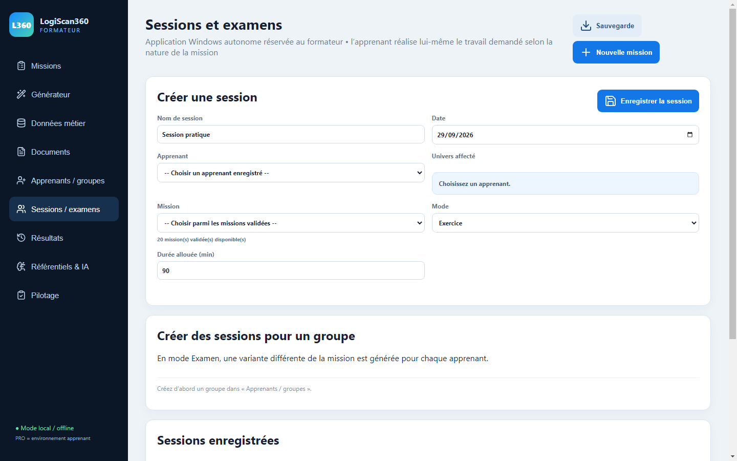Écran de création des sessions et examens dans LogiScan360 Formateur