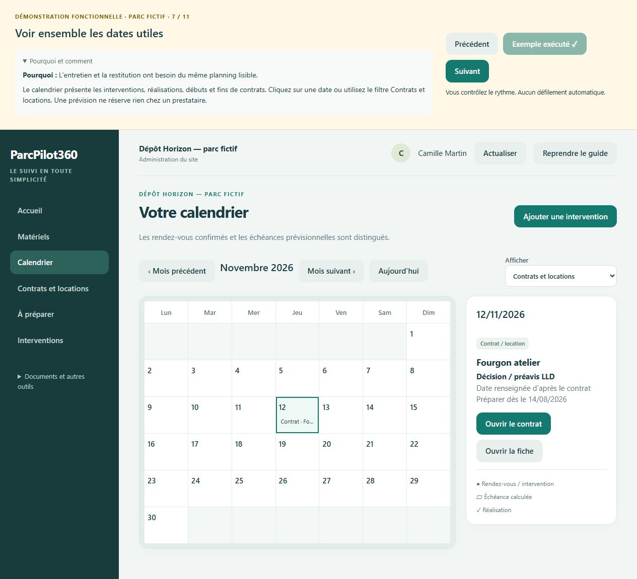 Calendrier ParcPilot360 : date de décision d’une LLD pour le fourgon atelier fictif